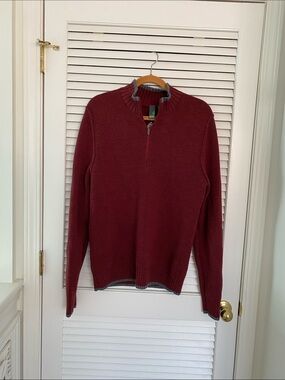 Stio Men's Zip-Neck Sweater in Burgundy with Gray Trim